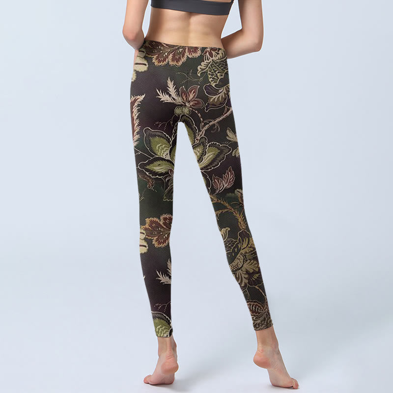 Buddha Stones Olive Florals Print Sports Fitness Leggings Women's Yoga Pants