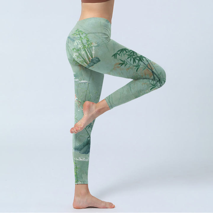 Buddha Stones Green Bamboo Rocks Print Sports Fitness Leggings Women's Yoga Pants