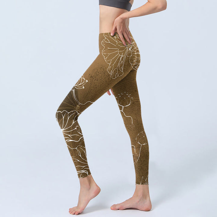 Buddha Stones Goldenrod Lotus Flowers Leaves Print Gym Fitness Leggings Women's Yoga Pants