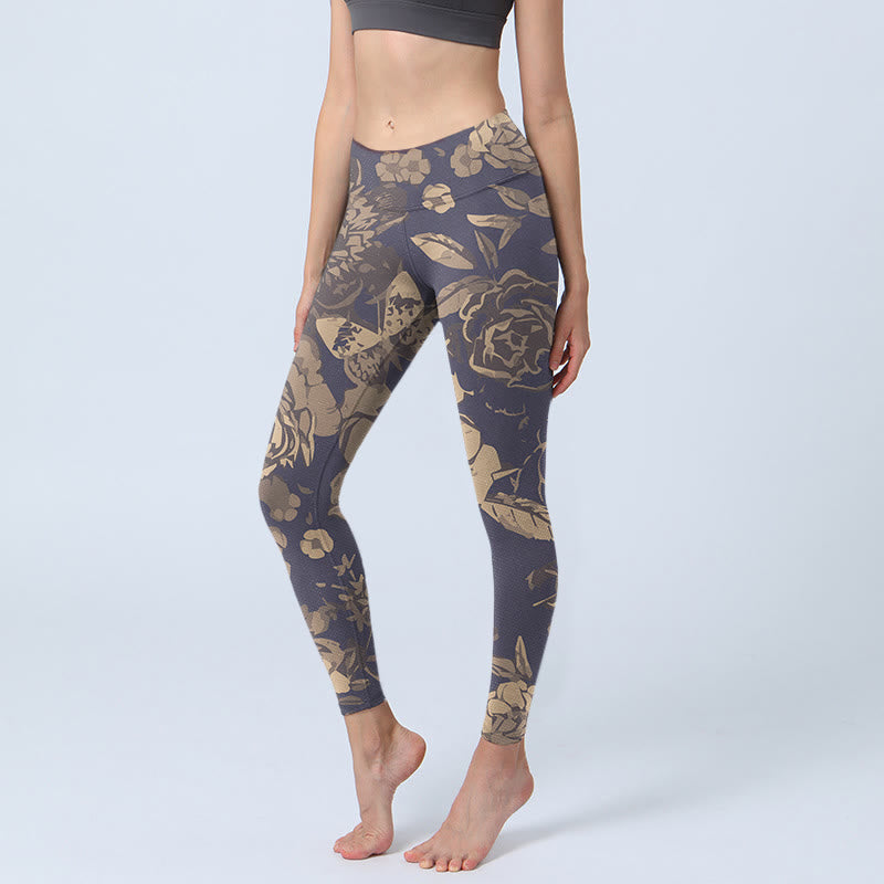 Buddha Stones Peony Flowers Leaves Blossom Print Gym Fitness Leggings Women's Yoga Pants