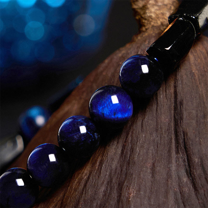 Buddha Stones Blue Tiger Eye Black Tourmaline Strength Bracelet