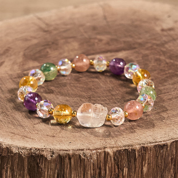 Buddha Stones PiXiu White Crystal Citrine Green Strawberry Quartz Amethyst Luck Bracelet