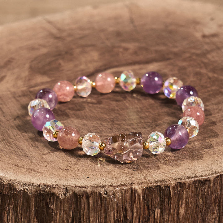 Buddha Stones Amethyst Strawberry Quartz White Crystal Nine-tailed Fox Meditation Bracelet