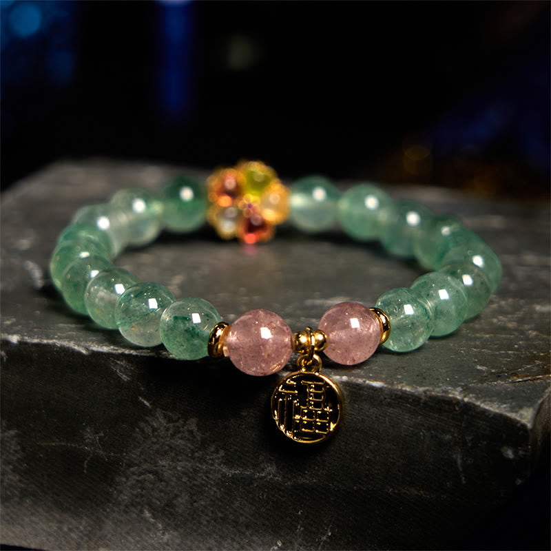 Buddha Stones Natural Green Strawberry Quartz Soothing Fu Character Bracelet