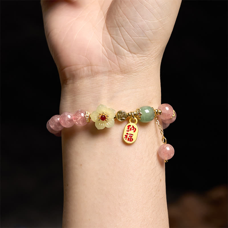 Buddha Stones Natural Strawberry Quartz Blossom Fu Character Positivity Healing Bracelet