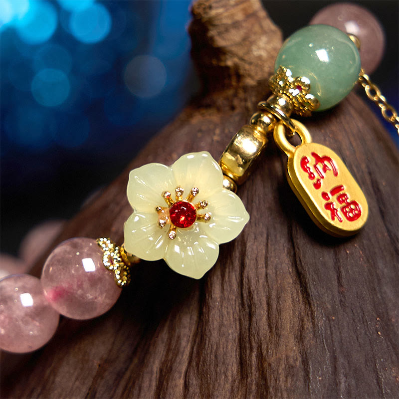 Buddha Stones Natural Strawberry Quartz Blossom Fu Character Positivity Healing Bracelet