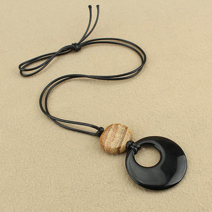 Buddha Stones Black Obsidian Liuli Picture Stone Copper Fulfilment Necklace Pendant