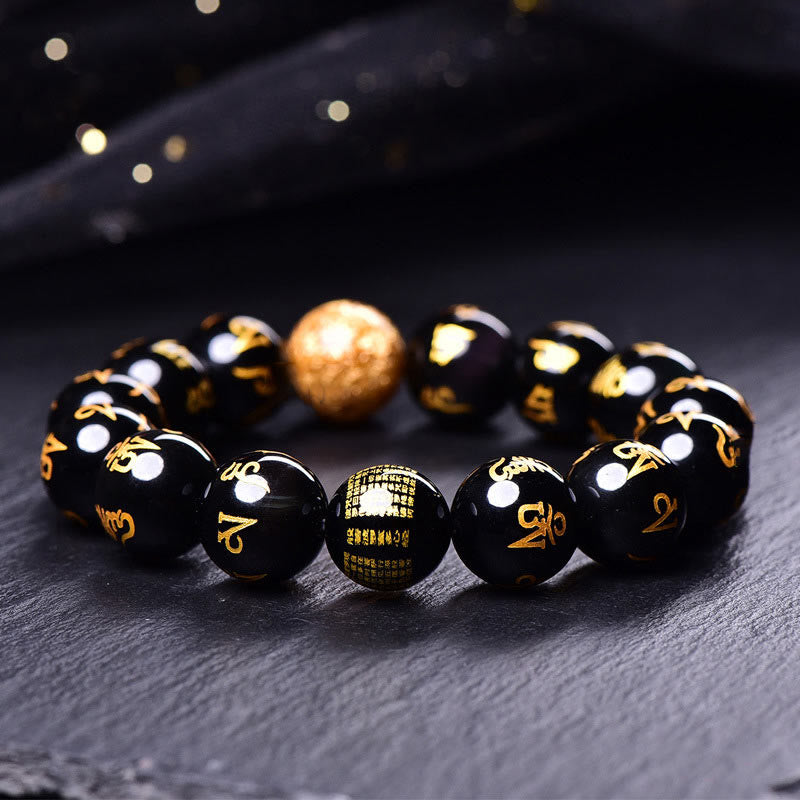 Buddha Stones Six True Words Om Mani Padme Hum Rainbow Obsidian Gold Foil Creativity Bracelet