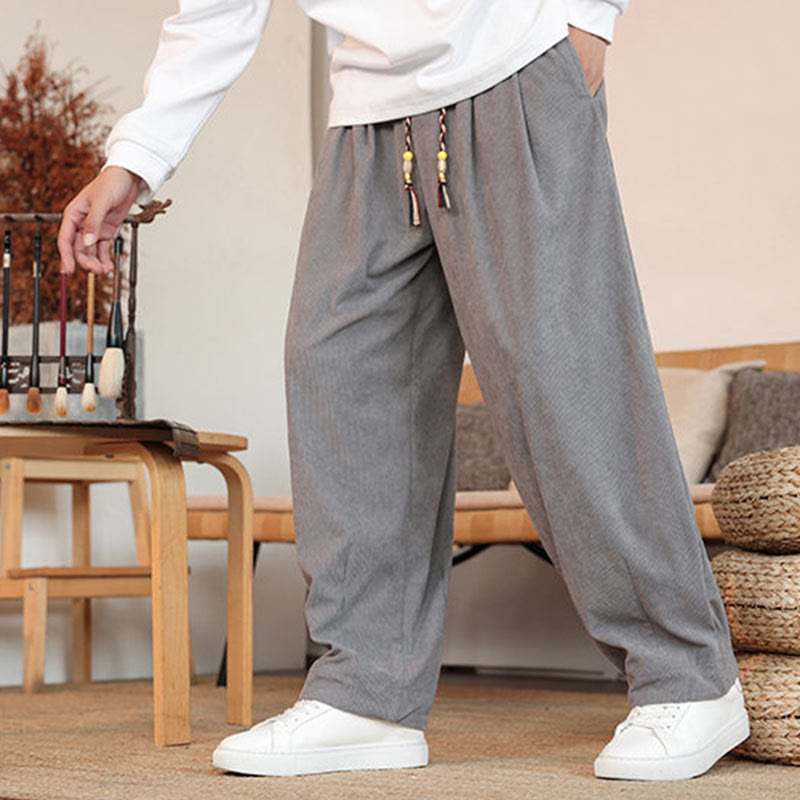 Buddha Stones Fall Winter Men's Drawstring Corduroy Solid Pants With Pockets - image 8