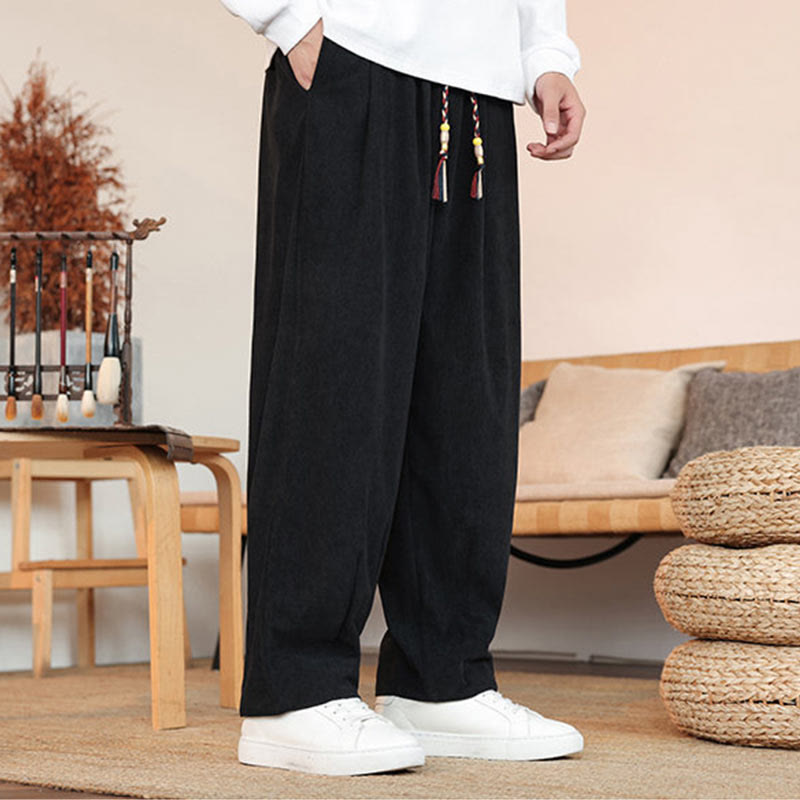 Buddha Stones Fall Winter Men's Drawstring Corduroy Solid Pants With Pockets