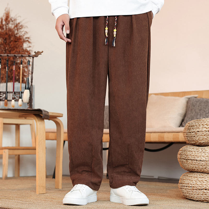 Buddha Stones Fall Winter Men's Drawstring Corduroy Solid Pants With Pockets