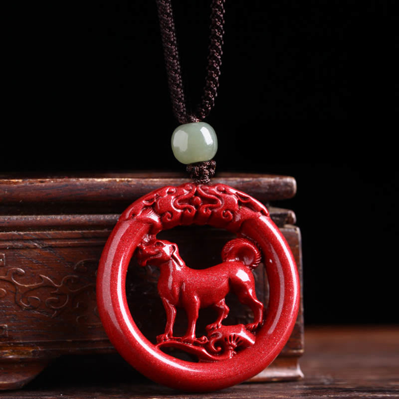 Buddha Stones Chinese Zodiac Cinnabar Hetian Jade Peace Buckle Calm Necklace Pendant