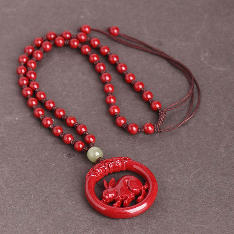 Buddha Stones Chinese Zodiac Cinnabar Hetian Jade Peace Buckle Calm Necklace Pendant