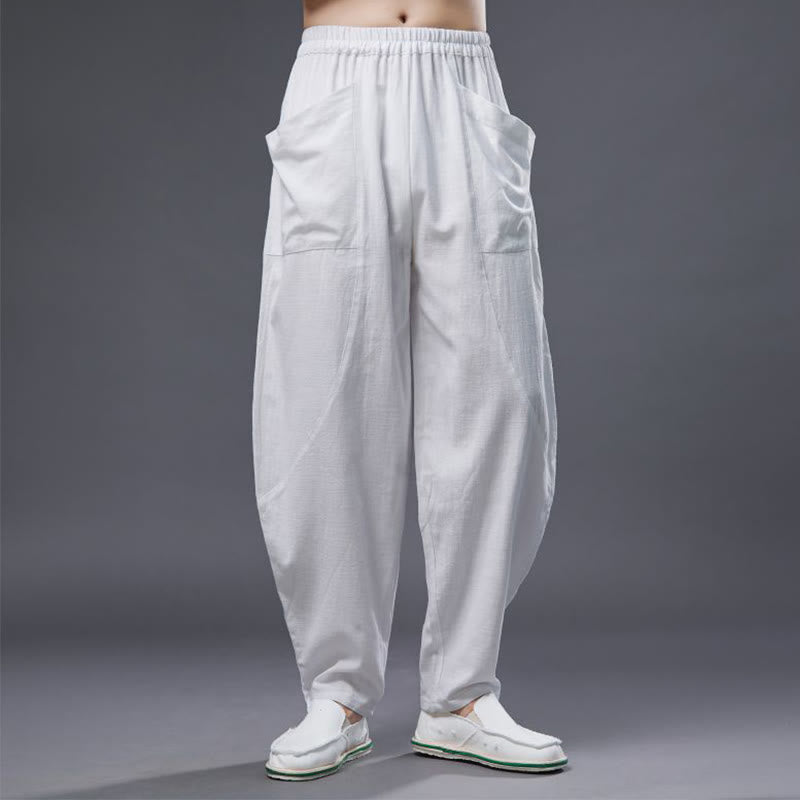 Buddha Stones Solid Color Cotton Ramie Linen Men's Elastic Waist Harem Pants With Pockets - image 8