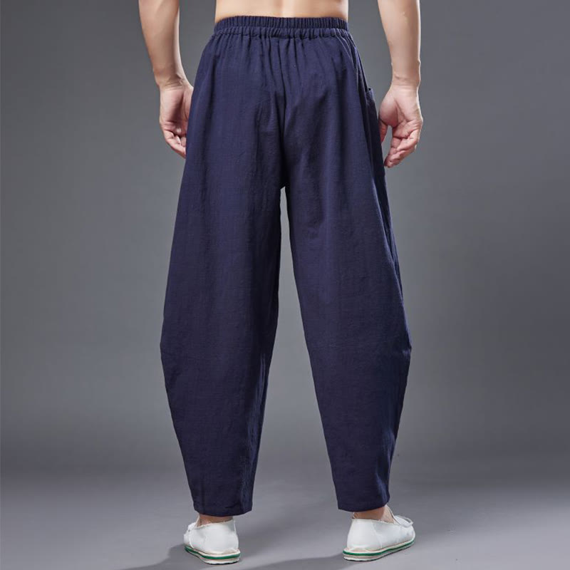 Buddha Stones Solid Color Cotton Ramie Linen Men's Elastic Waist Harem Pants With Pockets