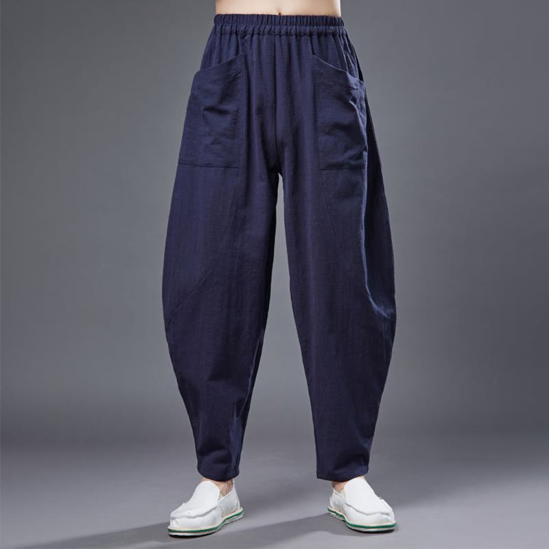 Buddha Stones Solid Color Cotton Ramie Linen Men's Elastic Waist Harem Pants With Pockets - image 16