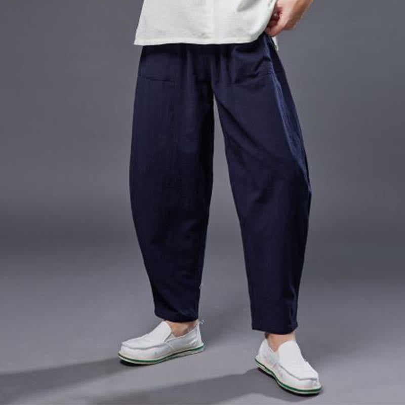 Buddha Stones Solid Color Cotton Ramie Linen Men's Elastic Waist Harem Pants With Pockets - image 13