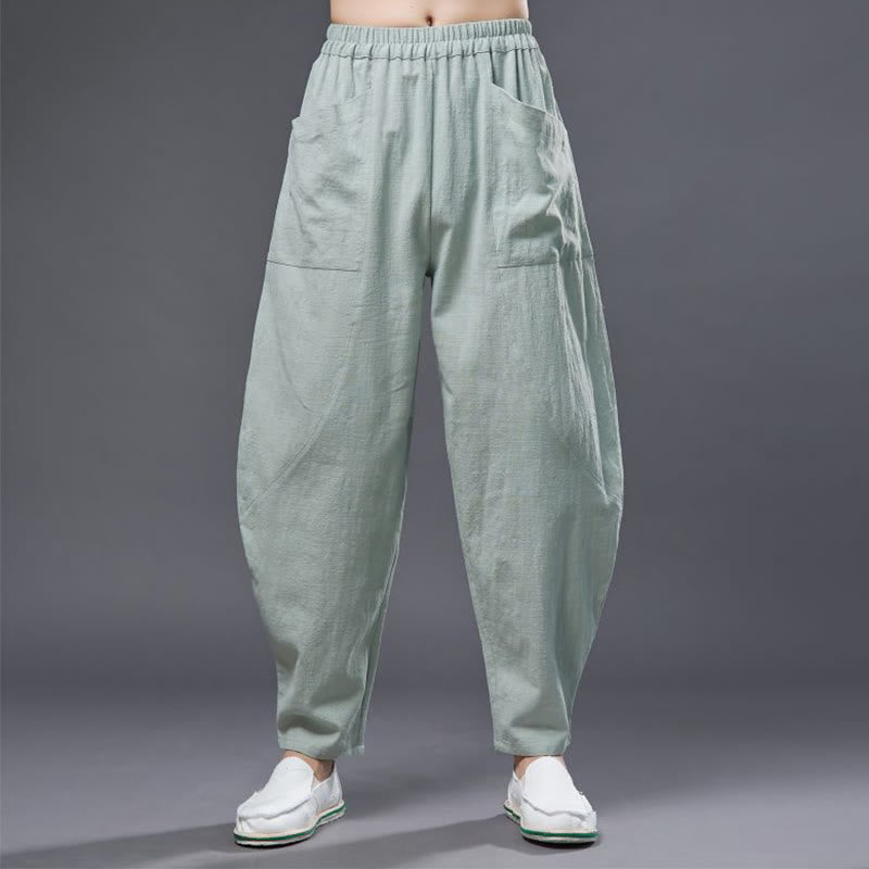 Buddha Stones Solid Color Cotton Ramie Linen Men's Elastic Waist Harem Pants With Pockets - image 19