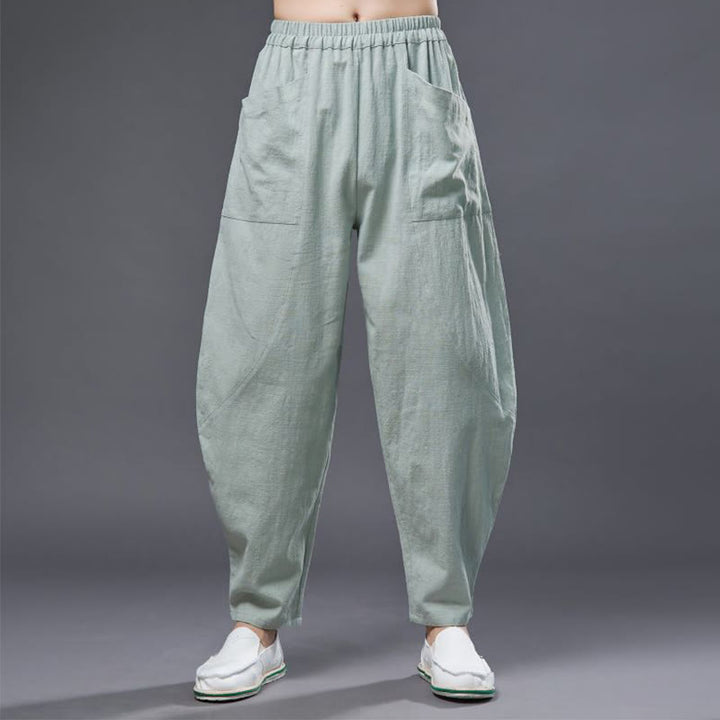 Buddha Stones Solid Color Cotton Ramie Linen Men's Elastic Waist Harem Pants With Pockets - image 19