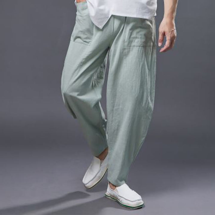 Buddha Stones Solid Color Cotton Ramie Linen Men's Elastic Waist Harem Pants With Pockets - image 25