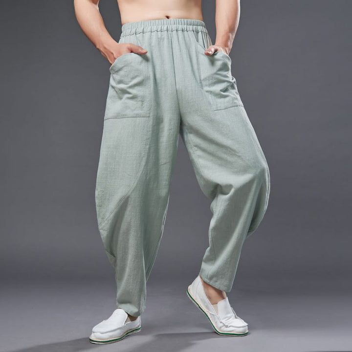Buddha Stones Solid Color Cotton Ramie Linen Men's Elastic Waist Harem Pants With Pockets - image 24