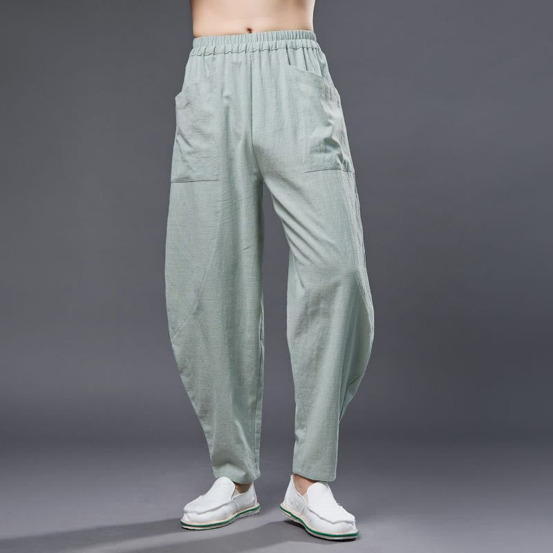 Buddha Stones Solid Color Cotton Ramie Linen Men's Elastic Waist Harem Pants With Pockets - PaleGreen - US/UK/AU38，EU48 (XL) - image 18