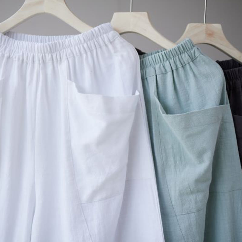 Buddha Stones Solid Color Cotton Ramie Linen Men's Elastic Waist Harem Pants With Pockets - image 28