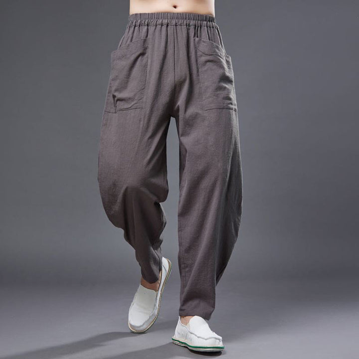 Buddha Stones Solid Color Cotton Ramie Linen Men's Elastic Waist Harem Pants With Pockets