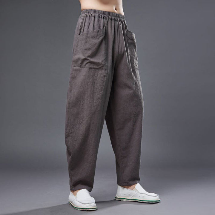 Buddha Stones Solid Color Cotton Ramie Linen Men's Elastic Waist Harem Pants With Pockets