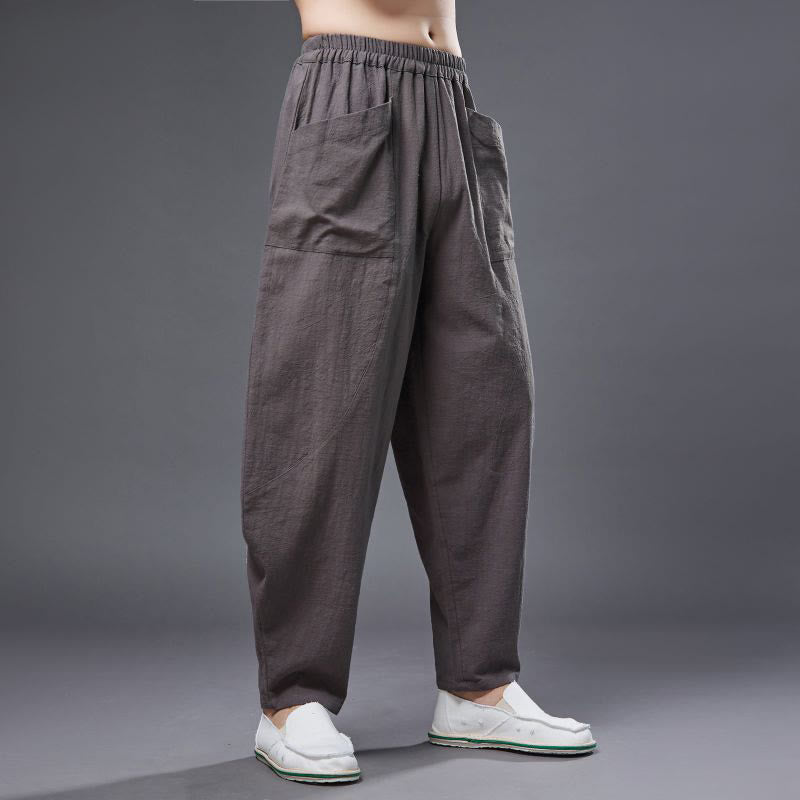 Buddha Stones Solid Color Cotton Ramie Linen Men's Elastic Waist Harem Pants With Pockets - image 34