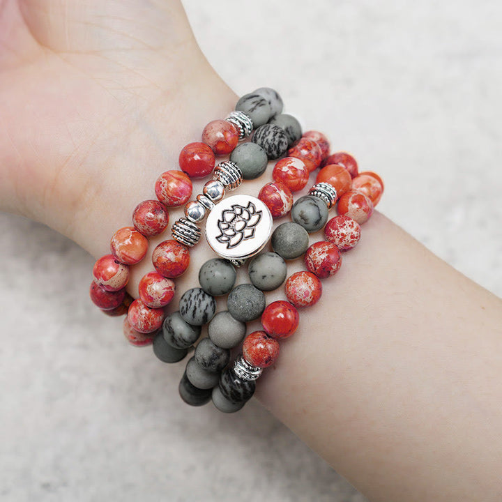 Buddha Stones 108 Mala Beads Natural Stone Sea Sediment Jasper Lotus Protection Bracelet