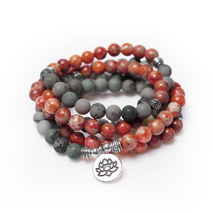 Buddha Stones 108 Mala Beads Natural Stone Sea Sediment Jasper Lotus Protection Bracelet