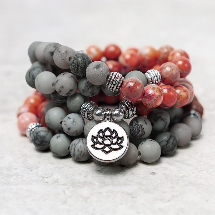 Buddha Stones 108 Mala Beads Natural Stone Sea Sediment Jasper Lotus Protection Bracelet