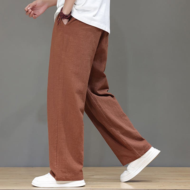 Buddha Stones Summer Men's Linen Straight Leg Pants With Pockets