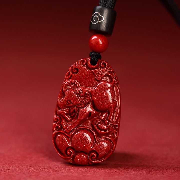 Buddha Stones Chinese Zodiac Black Rope Cinnabar Calm Necklace Pendant