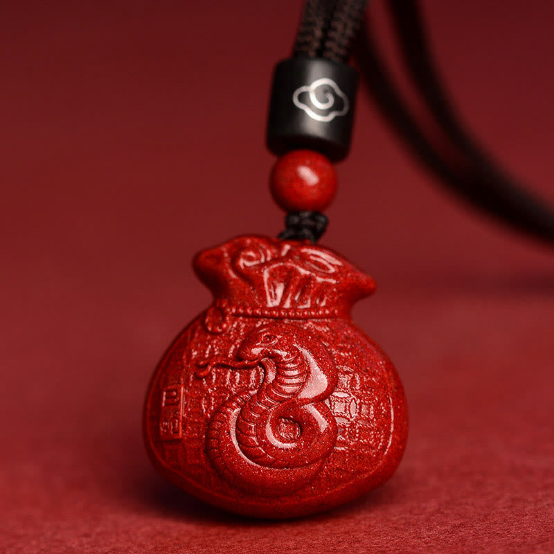 Buddha Stones Chinese Zodiac Money Bag Shape Cinnabar Calm Necklace Pendant