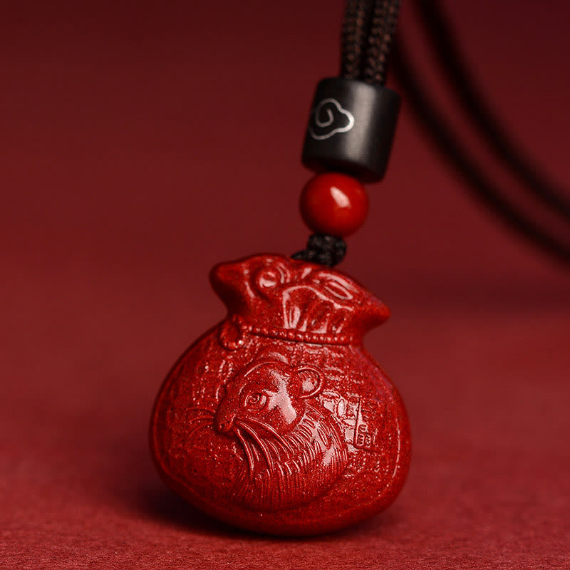 Buddha Stones Chinese Zodiac Money Bag Shape Cinnabar Calm Necklace Pendant