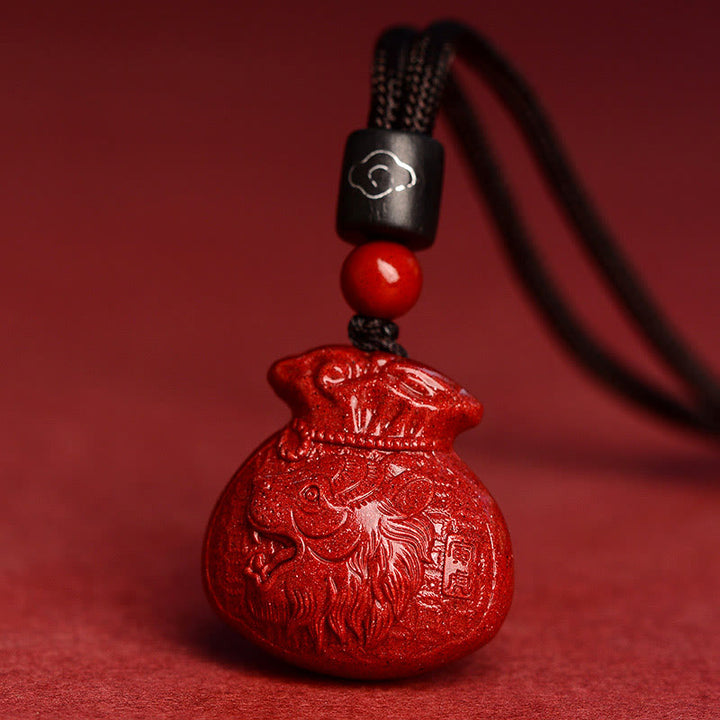 Buddha Stones Chinese Zodiac Money Bag Shape Cinnabar Calm Necklace Pendant