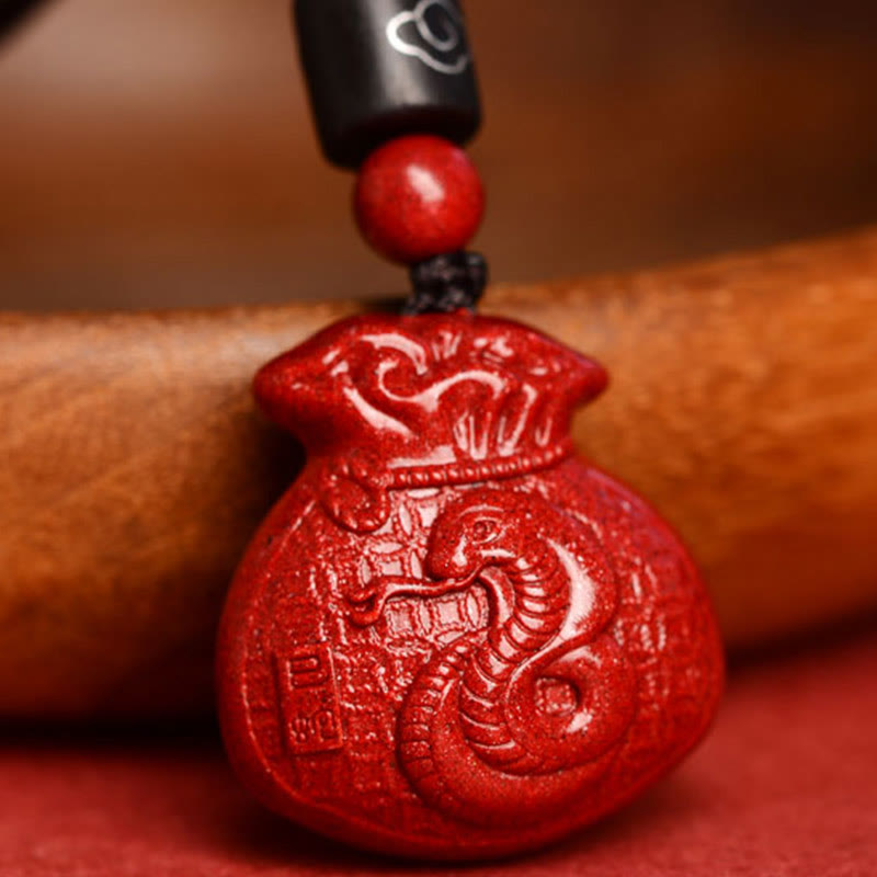 Buddha Stones Chinese Zodiac Money Bag Shape Cinnabar Calm Necklace Pendant