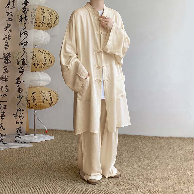 Buddha Stones 2Pcs Men's Long Sleeve Frog-Button Shirt Pants Meditation Zen Cotton Clothing Set - Wheat - US/UK/AU46，EU56 (5XL) - image 1