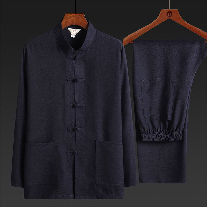 Buddha Stones 2Pcs Tang Suit Plain Color Frog-Button Men's Long Sleeve Shirt Pants Set - MidnightBlue - 2Pcs Set - US/UK/AU42，EU52 (4XL) - image 0