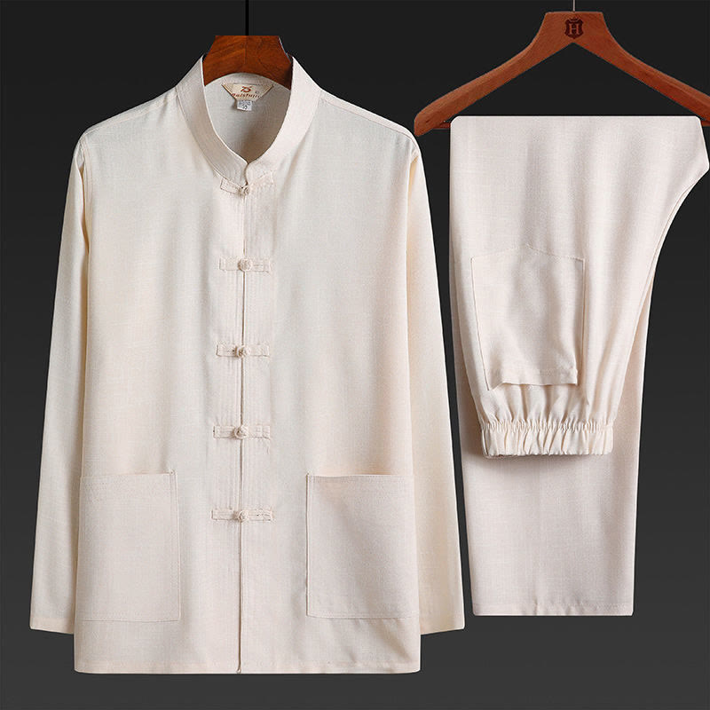 Buddha Stones 2Pcs Tang Suit Plain Color Frog-Button Men's Long Sleeve Shirt Pants Set - Linen - 2Pcs Set - US/UK/AU42，EU52 (4XL) - image 16
