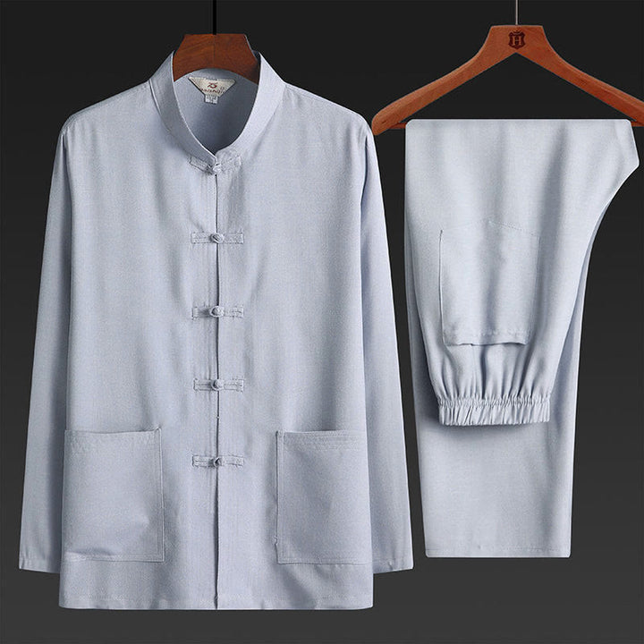 Buddha Stones 2Pcs Tang Suit Plain Color Frog-Button Men's Long Sleeve Shirt Pants Set - LightGrey - 2Pcs Set - US/UK/AU44，EU54 (4XL) - image 5