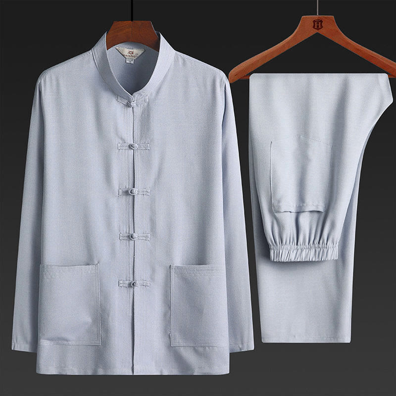 Buddha Stones 2Pcs Tang Suit Plain Color Frog-Button Men's Long Sleeve Shirt Pants Set - LightGrey - 2Pcs Set - US/UK/AU42，EU52 (4XL) - image 3