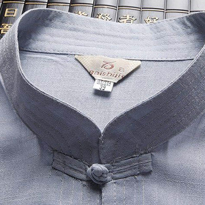 Buddha Stones 2Pcs Tang Suit Plain Color Frog-Button Men's Long Sleeve Shirt Pants Set - image 6