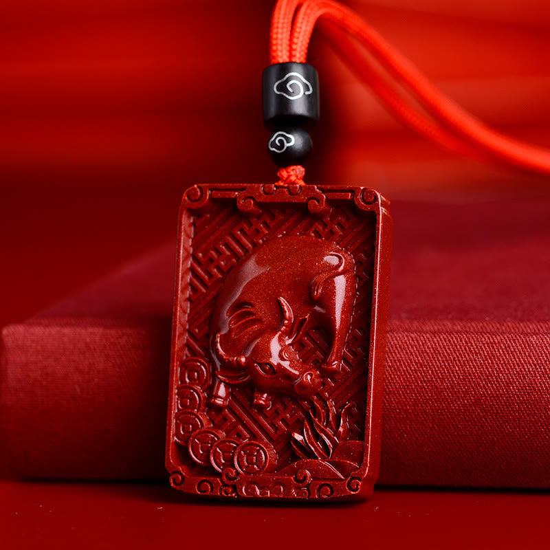 Buddha Stones Chinese Zodiac Cinnabar Rectangle Calm Necklace Pendant