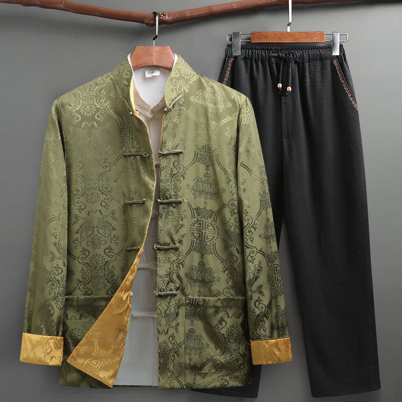 Buddha Stones 2Pcs Men's Tang Suit Koi Fish Pattern Frog-Button Long Sleeve Shirt Pants Set - YellowGreen - US/UK/AU42，EU52 (3XL) - image 22