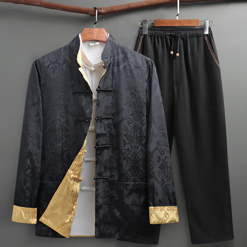 Buddha Stones 2Pcs Men's Tang Suit Koi Fish Pattern Frog-Button Long Sleeve Shirt Pants Set - Black - US/UK/AU42，EU52 (3XL) - image 24