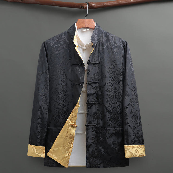 Buddha Stones Men's Frog-Button Tang Suit Koi Fish Pattern Long Sleeve Shirt With Pockets - Black - US/UK/AU42，EU52 (3XL) - image 0