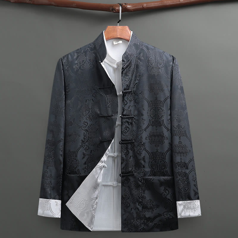 Buddha Stones Men's Frog-Button Tang Suit Koi Fish Pattern Long Sleeve Shirt With Pockets - Black+Gray - US/UK/AU42，EU52 (3XL) - image 10